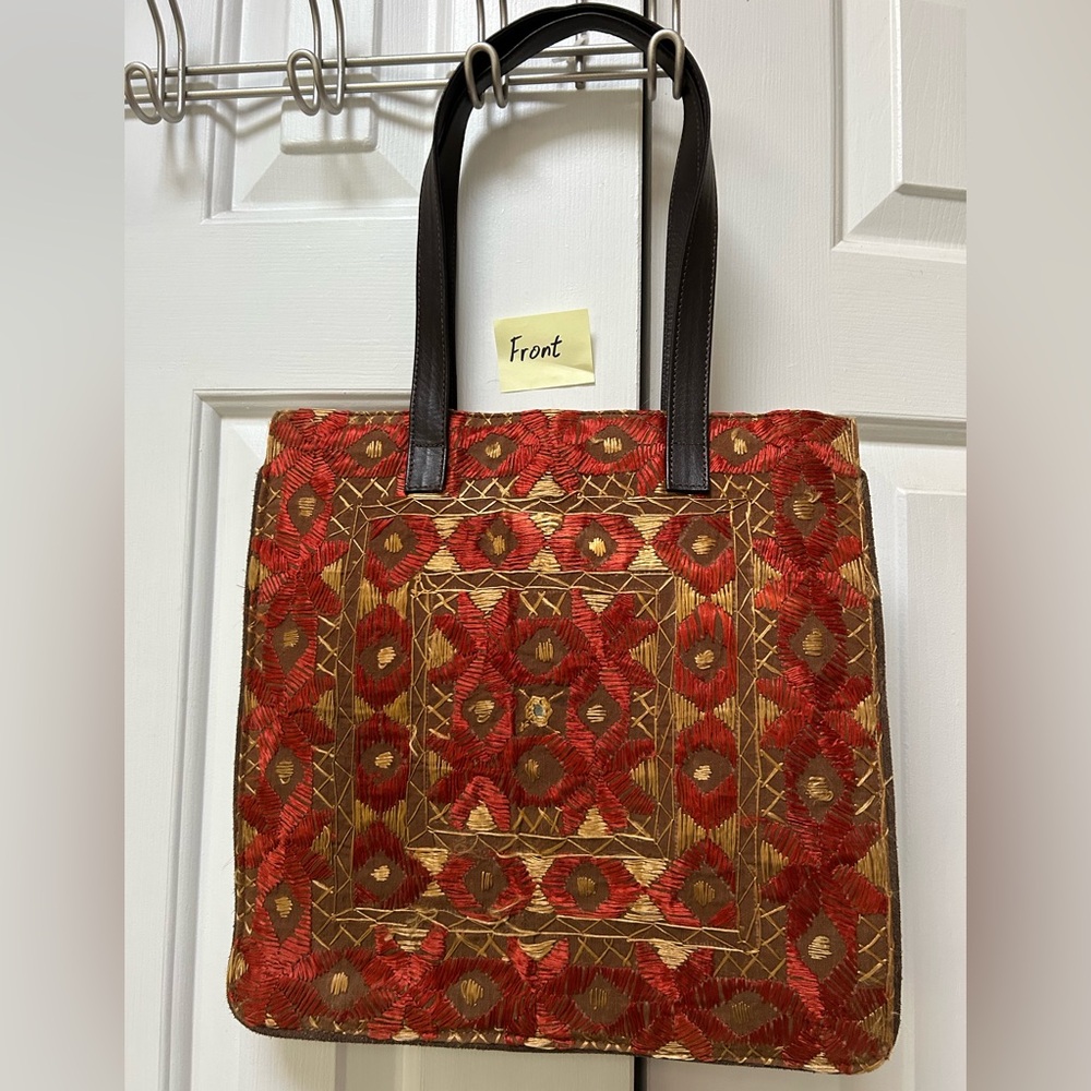 Chicos Embroidered Red & Brown Bag. cotton w/leather trim, made in India. Snaps.